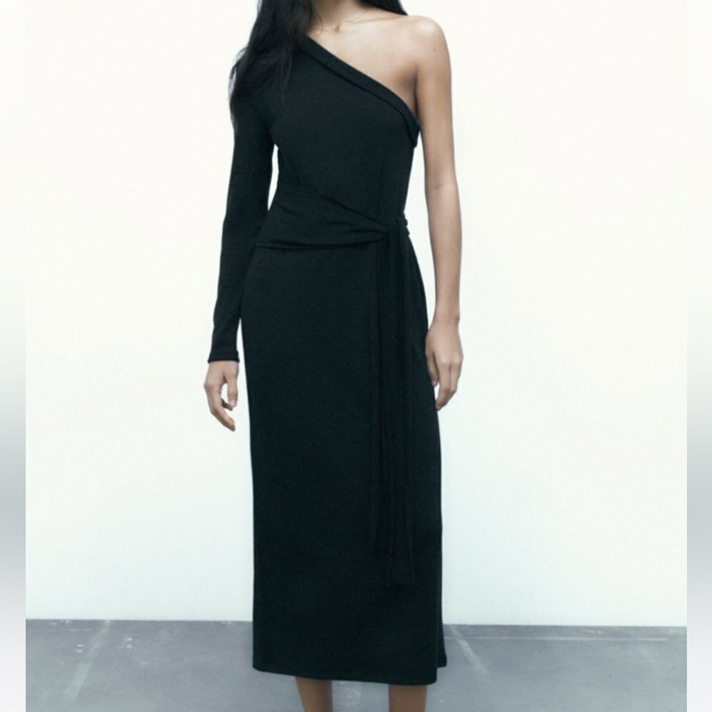 Zara One Arm‎ Asymmetrical Longsleeve long Dress Black XS Nwt
